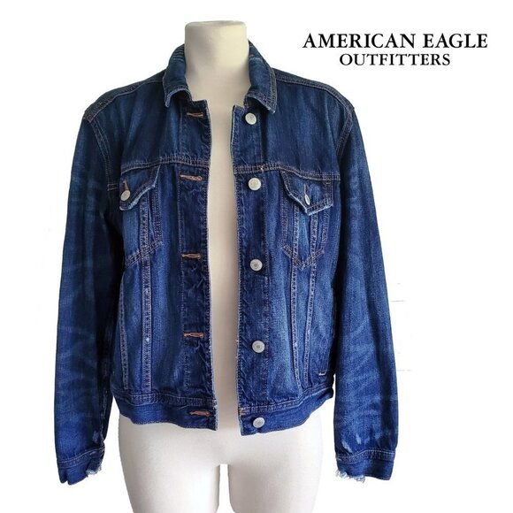 American Eagle Outfitters Deep Blue Wash Jean Jacket 100% Soft Cotton Size M - Picture 1 of 15